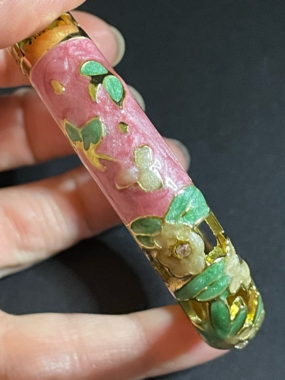 Vintage Signed IB Pink Cloisonne Enamel Openwork Bangle Bracelet
